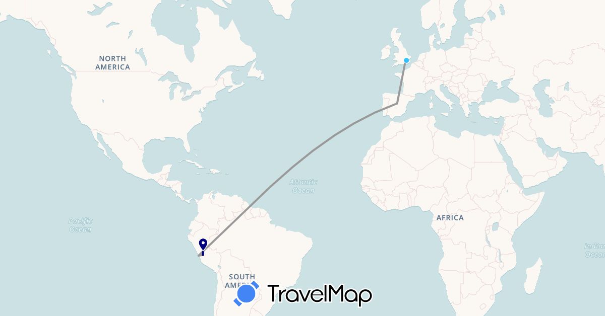 TravelMap itinerary: driving, plane, boat in Spain, United Kingdom, Peru (Europe, South America)
