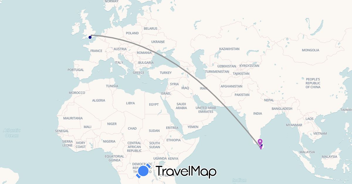 TravelMap itinerary: driving, plane, train in United Kingdom, Sri Lanka (Asia, Europe)